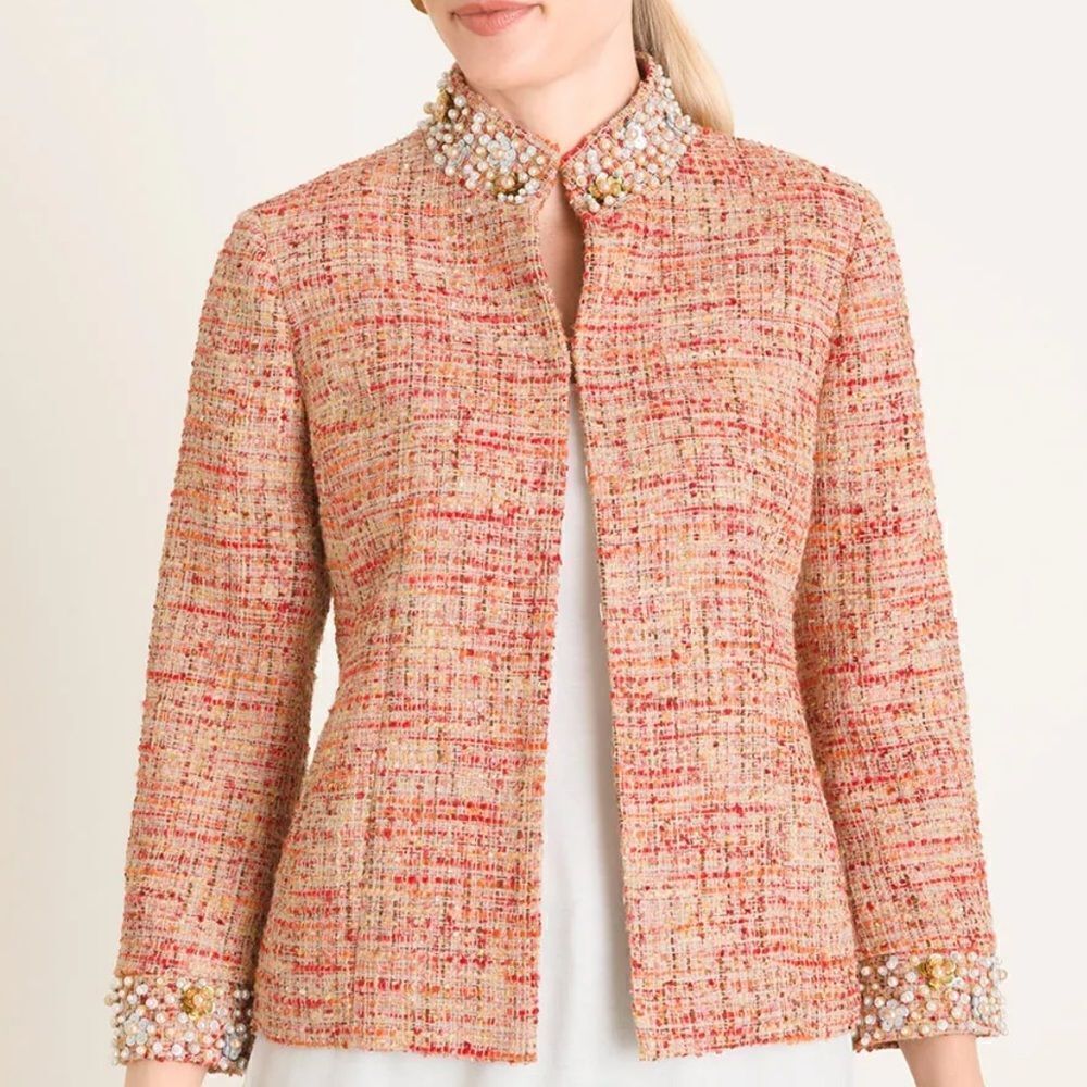 NWT- Chico's- Pink Embellish Jaqueline Tweed Jacket Blazer, Size M (8/10)